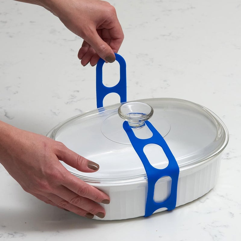 mella Lid Latch the reusable universal lid securing strap for crockpots, casserole dishes, pots, pans and more. Make it easy to transport your favorite dishes with one simple strap. - Image 2